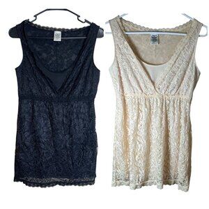 Lot Of 2 Angel Love Breezies Cream/Black Floral Lace Camisole Layering Top Small